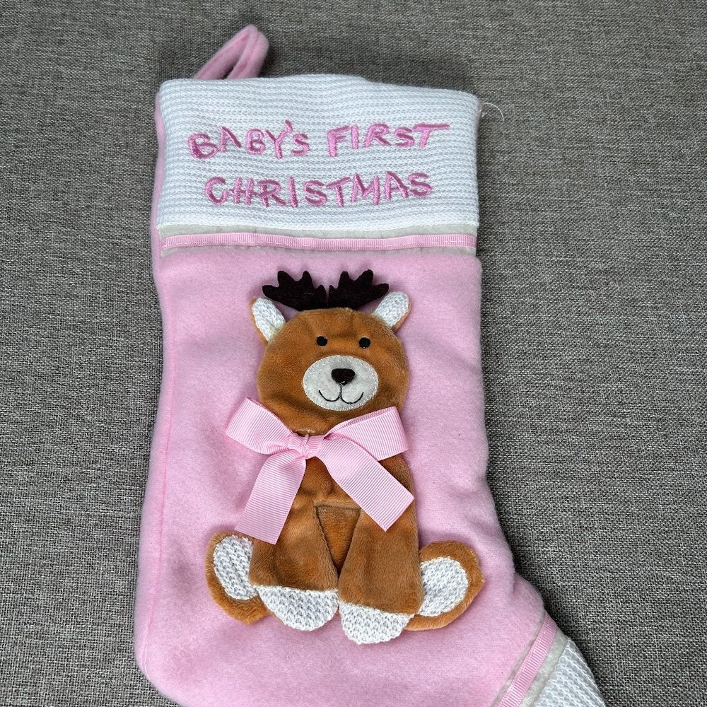 St Nick's Choice Baby's First Christmas Reindeer w/ Bow Stocking Pink